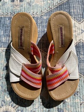 White Wedge Mules with Multicolor Pink-Orange Ribbon